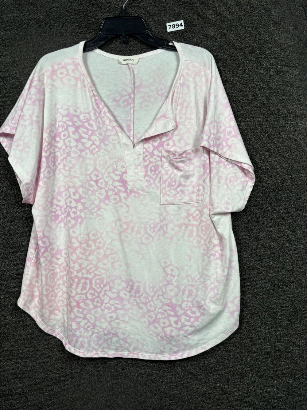 Adora T Shirt Womens Size L White Pink Animal Print V-Neck Short Sleeve Boho